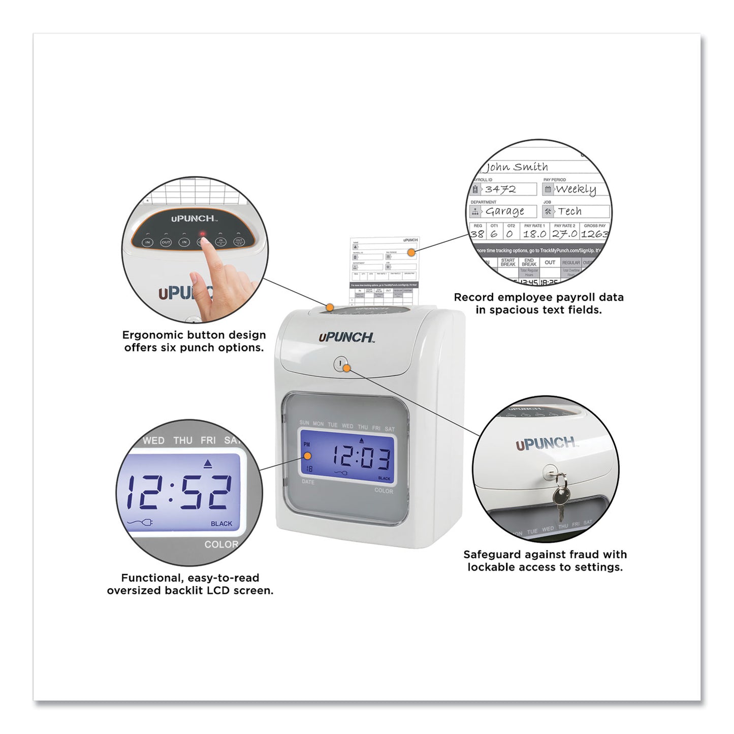 uPunch HN2500 Electronic Calculating Time Clock Bundle, LCD Display, Beige/Gray
