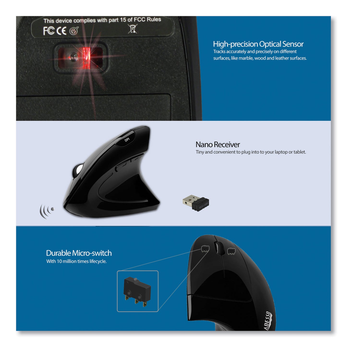 Adesso iMouse E10 Wireless Vertical Ergonomic USB Mouse, 2.4 GHz Frequency/33 ft Wireless Range, Right Hand Use, Black