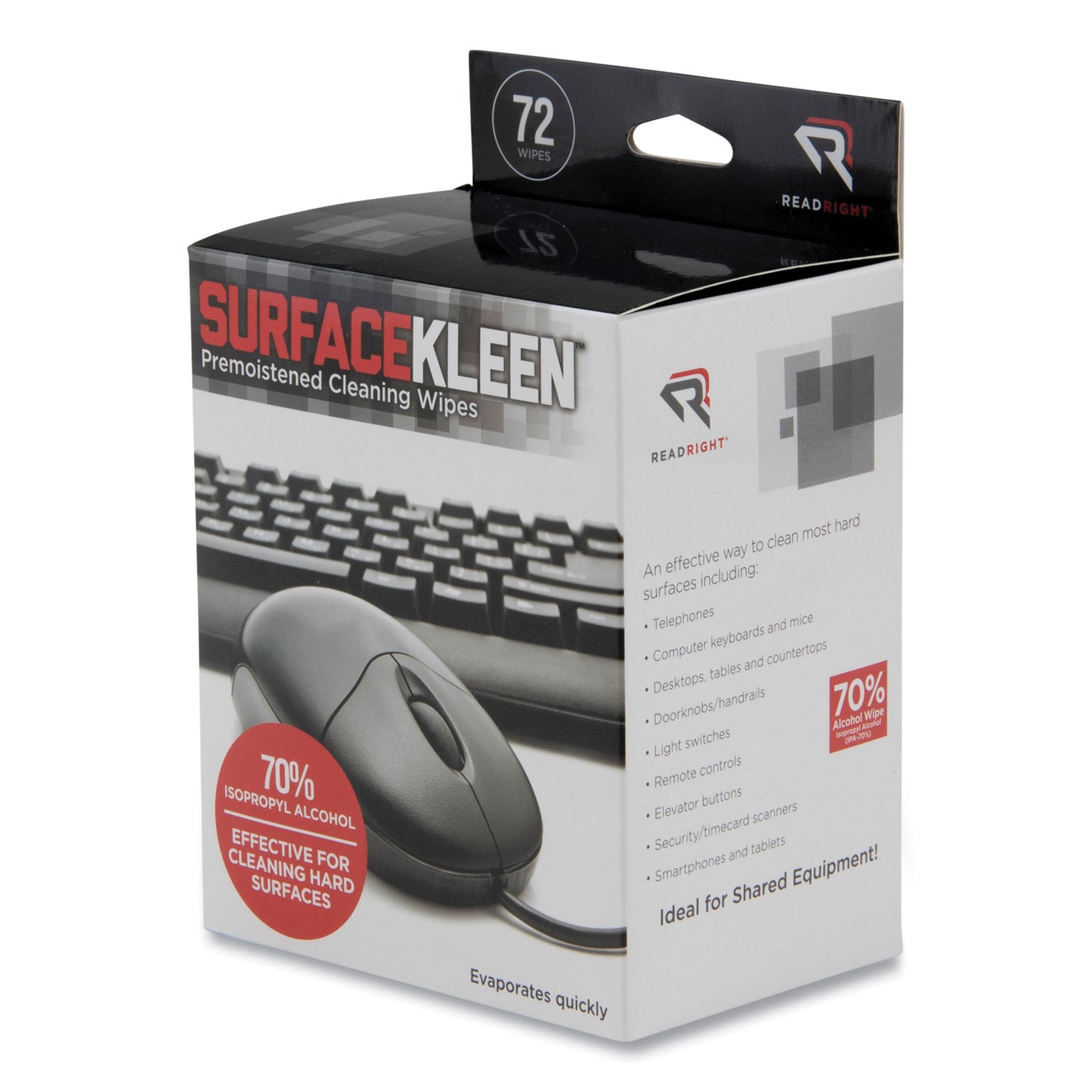 Read Right SurfaceKleen Premoistened Alcohol Cleaning Wipes, 5 x 5, Individual Foil Packets, Unscented, White, 72/Box (RR15109)