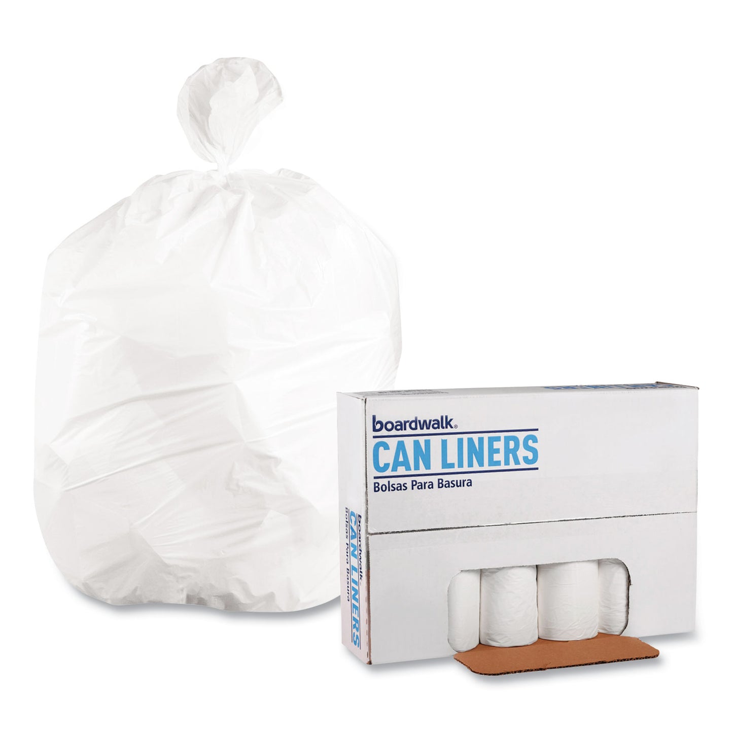 Boardwalk Low-Density Waste Can Liners, 60 gal, 0.6 mil, 38" x 58", White, Perforated Roll, 25 Bags/Roll, 4 Rolls/Carton (3858EXH)