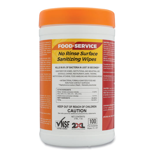 2XL Food Service No Rinse Surface Sanitizing Wipes, 1-Ply, 6 x 8, White, 100/Roll, 6 Rolls/Carton (447)