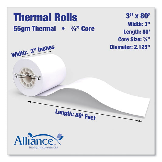 Alliance Thermal Cash Register/POS Roll, 3" x 80 ft, White, 36/Carton (3555)
