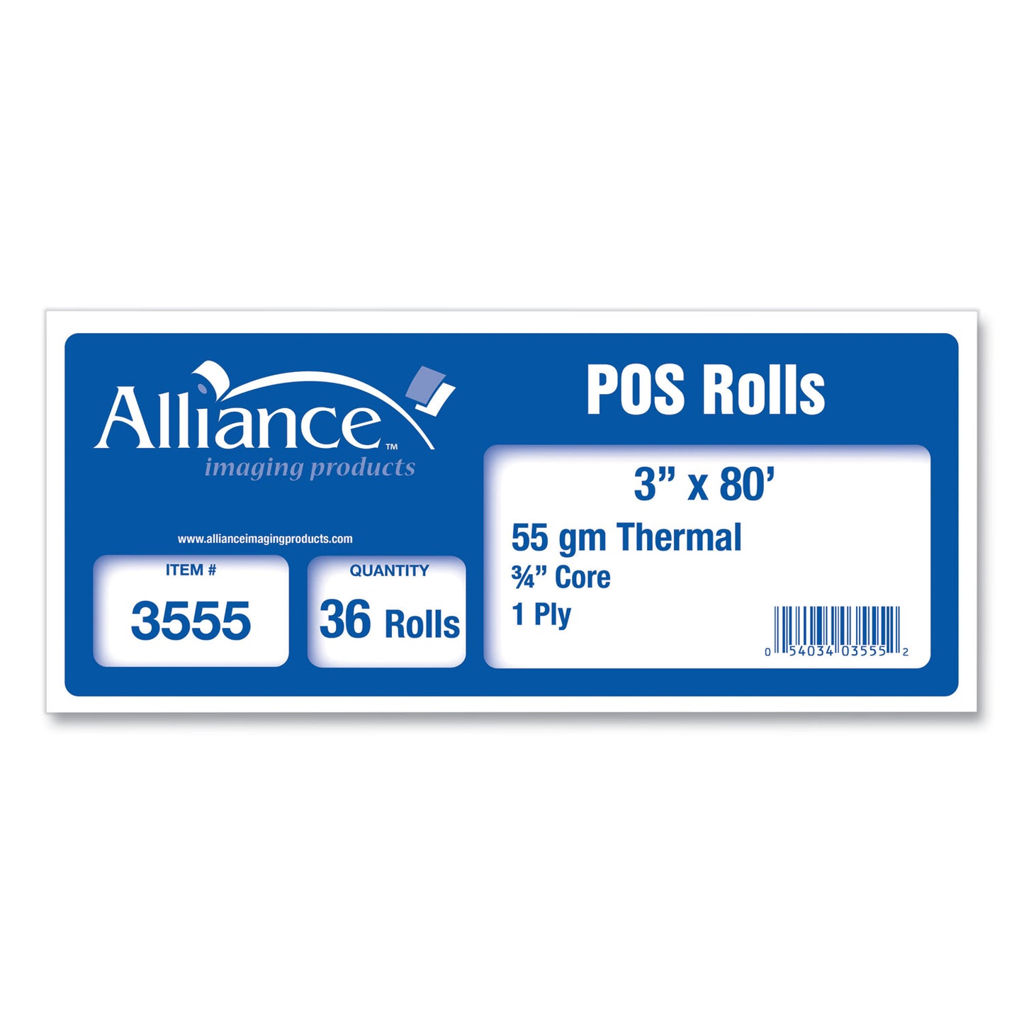 Alliance Thermal Cash Register/POS Roll, 3" x 80 ft, White, 36/Carton (3555)