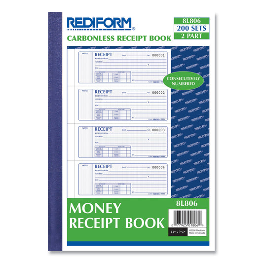 Rediform Money Receipt Book, Softcover, Two-Part Carbonless, 7 x 2.75, 4 Forms/Sheet, 200 Forms Total (8L806)