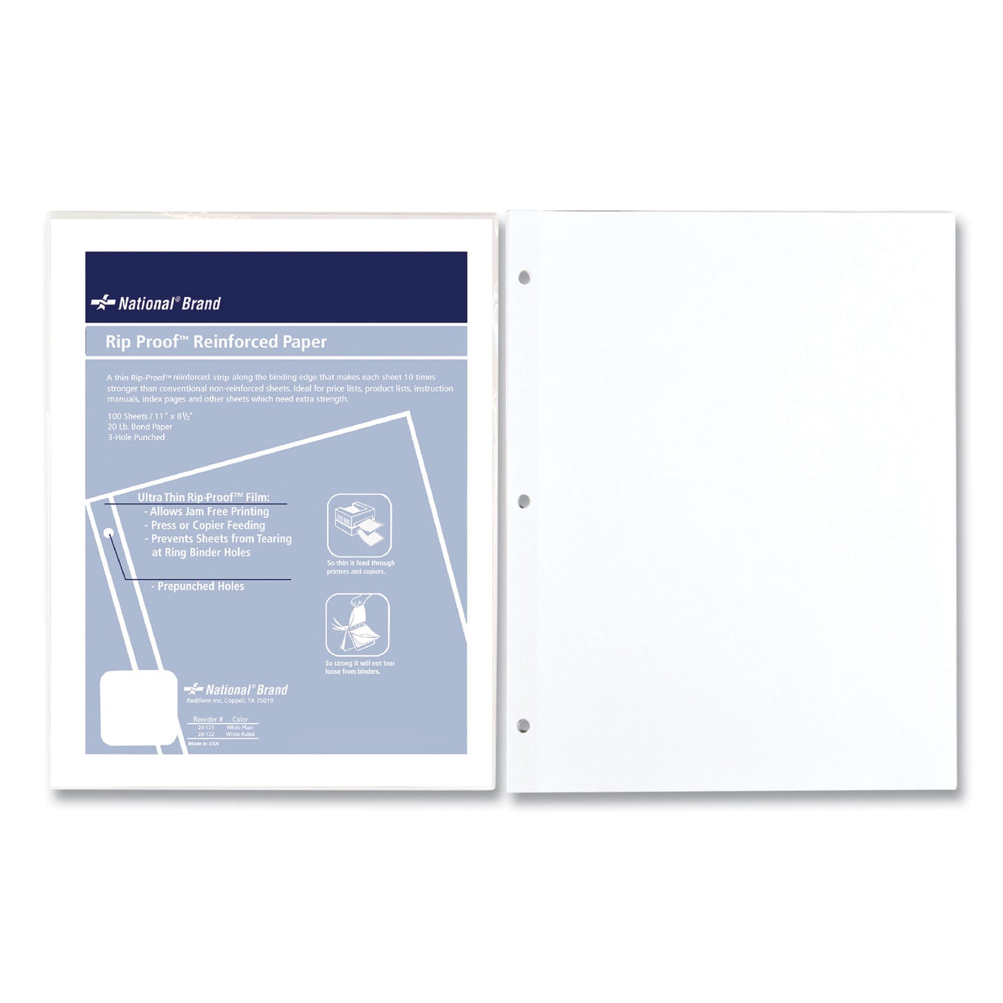 National Paper Rip Proof Reinforced Filler Paper, 3-Hole, 8.5 x 11, Unruled, 100/Pack (20121)