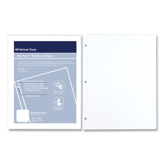 National Paper Rip Proof Reinforced Filler Paper, 3-Hole, 8.5 x 11, Unruled, 100/Pack (20121)