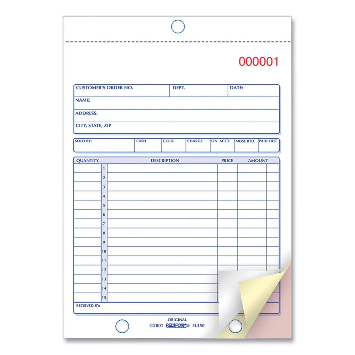 Rediform Sales Book, 15 Lines, Three-Part Carbonless, 5.5 x 7.88, 50 Forms Total (5L350)