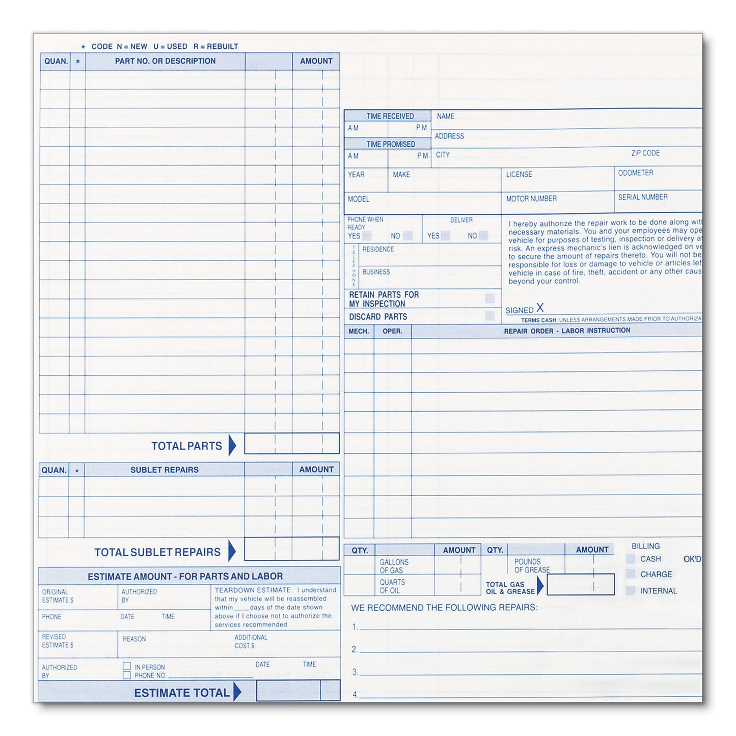 Rediform Speediset Four-Part Auto Repair Form, Four-Part Carbonless, 11 x 8.5, 50 Forms Total (4P489)