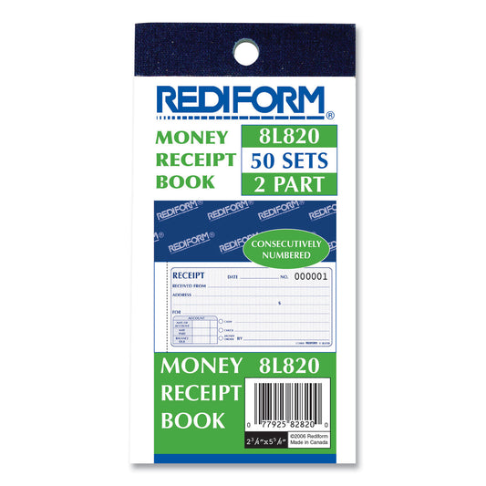 Rediform Small Money Receipt Book, Two-Part Carbonless, 2.75 x 5, 50 Forms Total (8L820)
