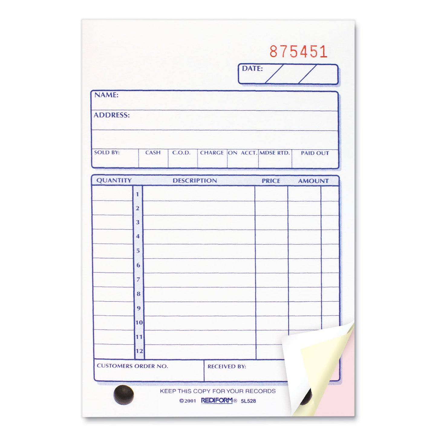 Rediform Sales Book, 12 Lines, Three-Part Carbonless, 4.25 x 6.38, 50 Forms Total (5L528)