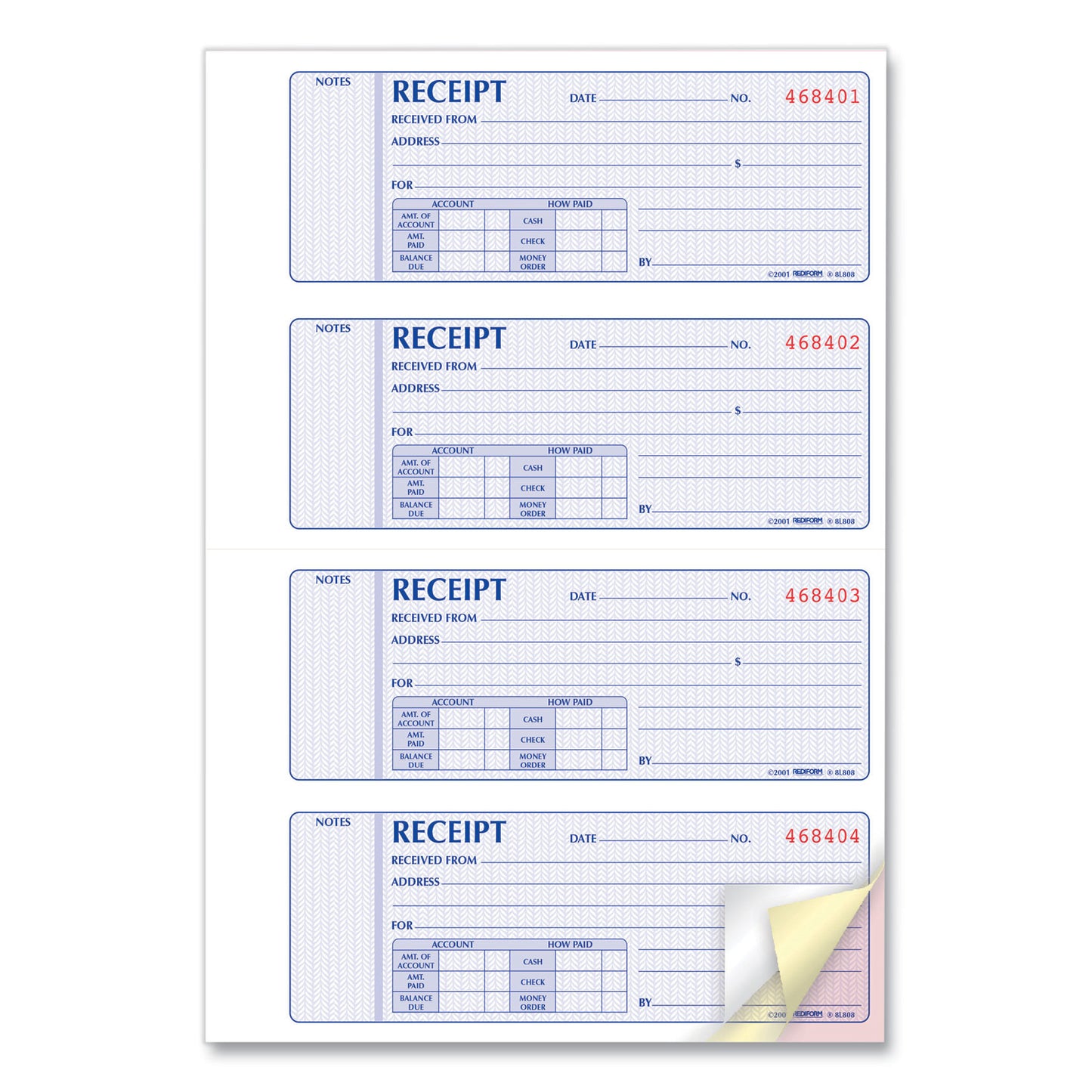 Rediform Money Receipt Book, Softcover, Three-Part Carbonless, 7 x 2.75, 4 Forms/Sheet, 100 Forms Total (8L808)