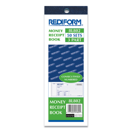 Rediform Receipt Book, Three-Part Carbonless, 7 x 2.75, 4 Forms/Sheet, 50 Forms Total (8L802)