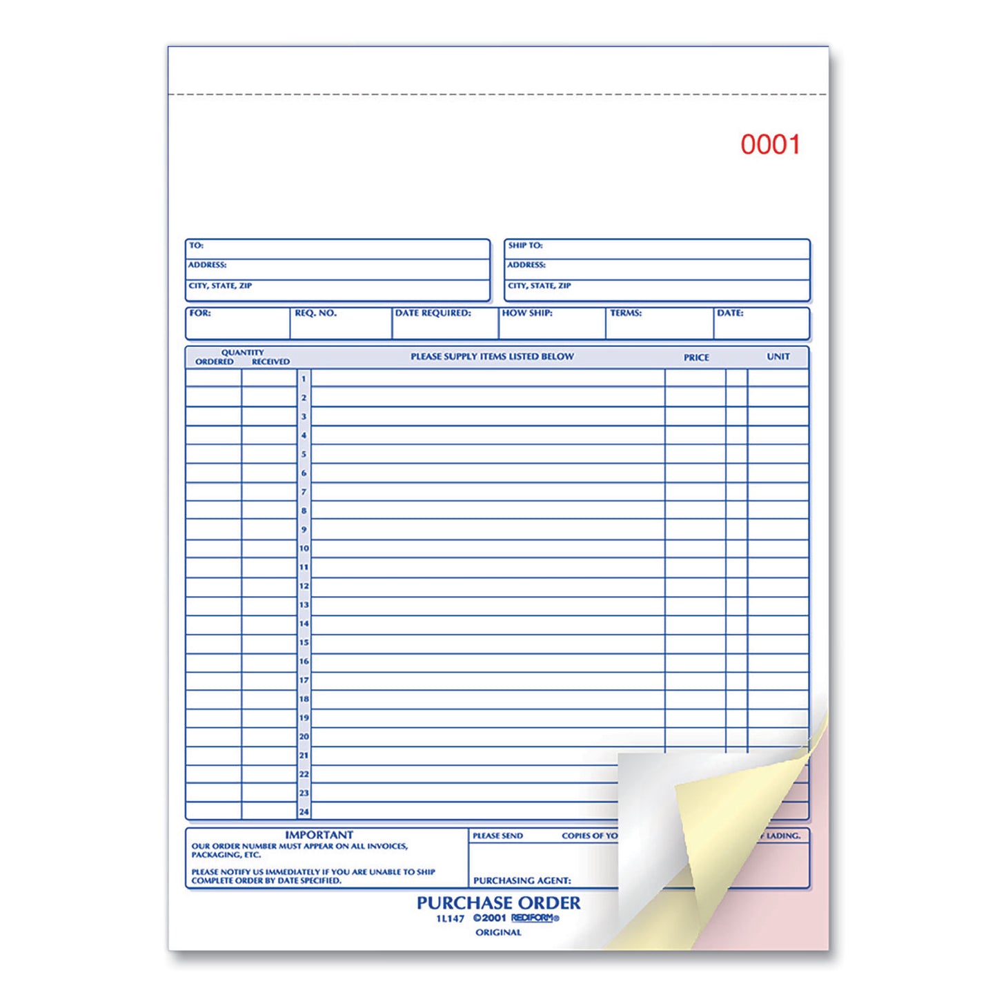 Rediform Purchase Order Book, 17 Lines, Three-Part Carbonless, 8.5 x 11, 50 Forms Total (1L147)
