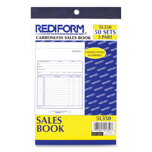 Rediform Sales Book, 15 Lines, Three-Part Carbonless, 5.5 x 7.88, 50 Forms Total (5L350)