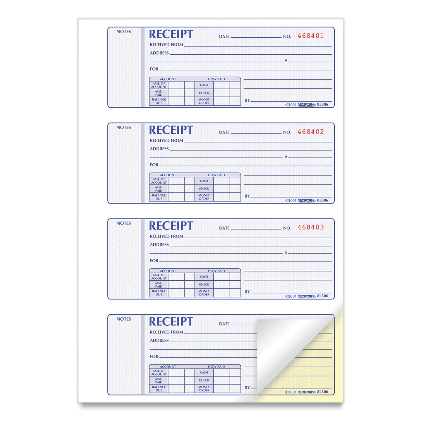 Rediform Money Receipt Book, Softcover, Two-Part Carbonless, 7 x 2.75, 4 Forms/Sheet, 200 Forms Total (8L806)