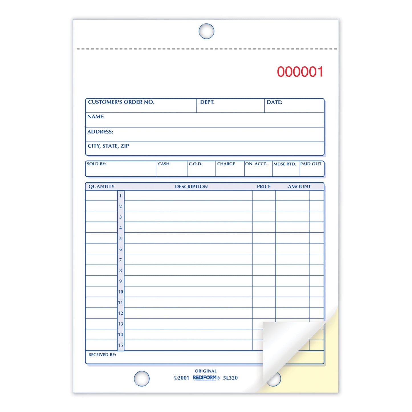 Rediform Sales Book, 15 Lines, Two-Part Carbonless, 5.5 x 7.88, 50 Forms Total (5L320)
