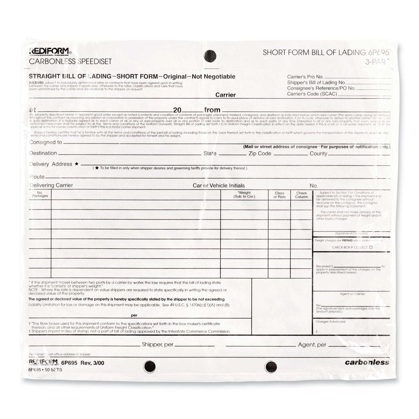 Rediform Speediset Bill of Lading, Short Form, Three-Part Carbonless, 7 x 8.5, 50 Forms Total (6P695)