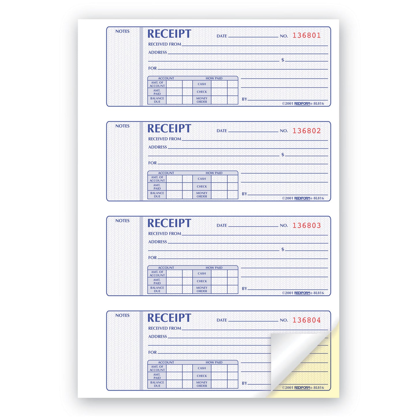 Rediform Receipt Book, Two-Part Carbonless, 7 x 2.75, 4 Forms/Sheet, 400 Forms Total (8L816)