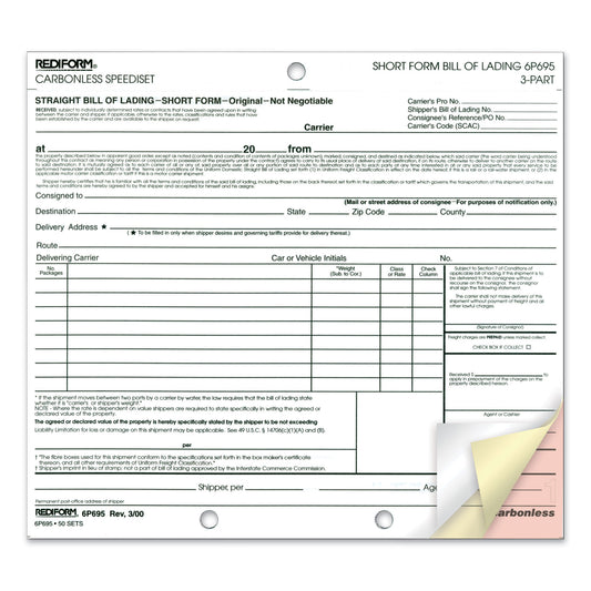 Rediform Speediset Bill of Lading, Short Form, Three-Part Carbonless, 7 x 8.5, 50 Forms Total (6P695)