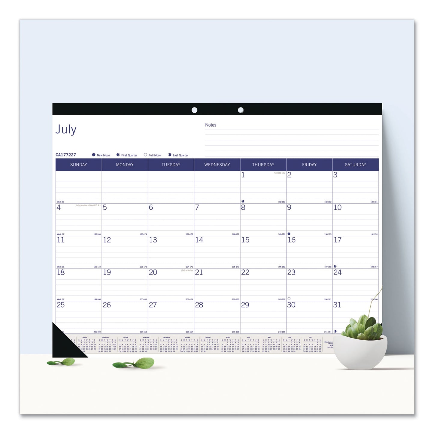 Blueline DuraGlobe Academic Desk Pad Calendar, 22 x 17, White/Blue/Gray Sheets, Black Headband, 13-Month (July to July): 2024 to 2025 (CA177227)
