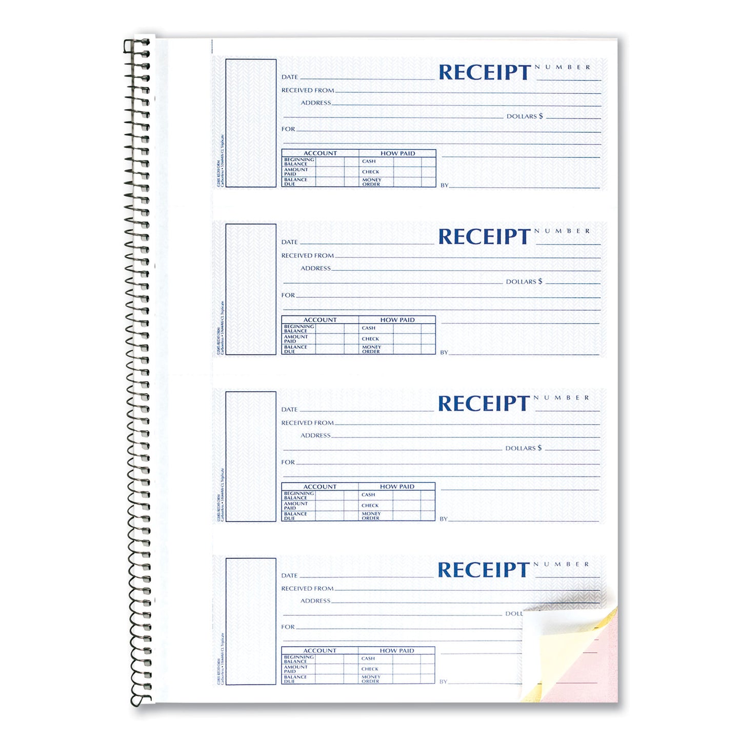 Rediform Spiralbound Unnumbered Money Receipt Book, Three-Part Carbonless, 7 x 2.75, 4 Forms/Sheet, 120 Forms Total (S16444WCL)