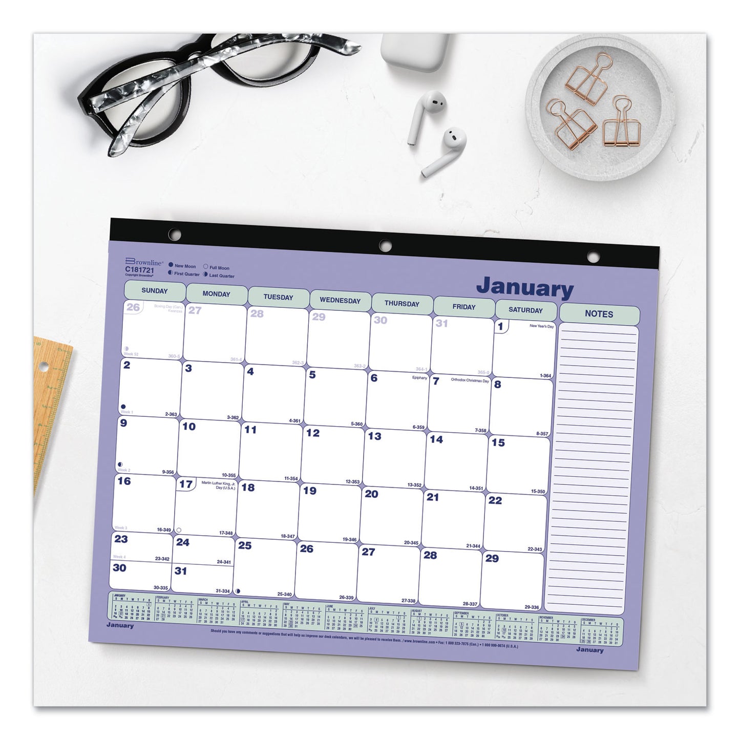 Brownline Monthly Desk Pad Calendar, 3-Hole Punched, 11 x 8.5, White/Blue/Green Sheets, Black Binding, 12-Month (Jan to Dec): 2025 (C181721)