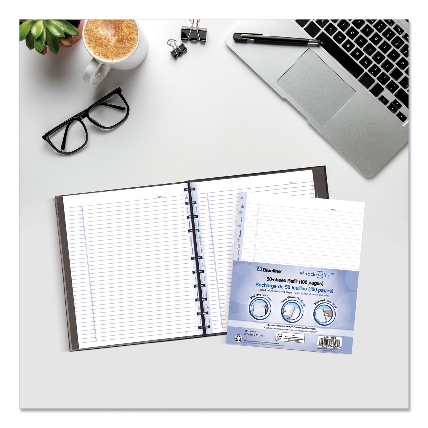 Blueline MiracleBind Ruled Paper Refill Sheets for all MiracleBind Notebooks and Planners, 11 x 9.06, White/Blue Sheets, Undated (AFR11050R)