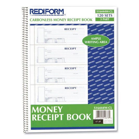 Rediform Spiralbound Unnumbered Money Receipt Book, Three-Part Carbonless, 7 x 2.75, 4 Forms/Sheet, 120 Forms Total (S16444WCL)