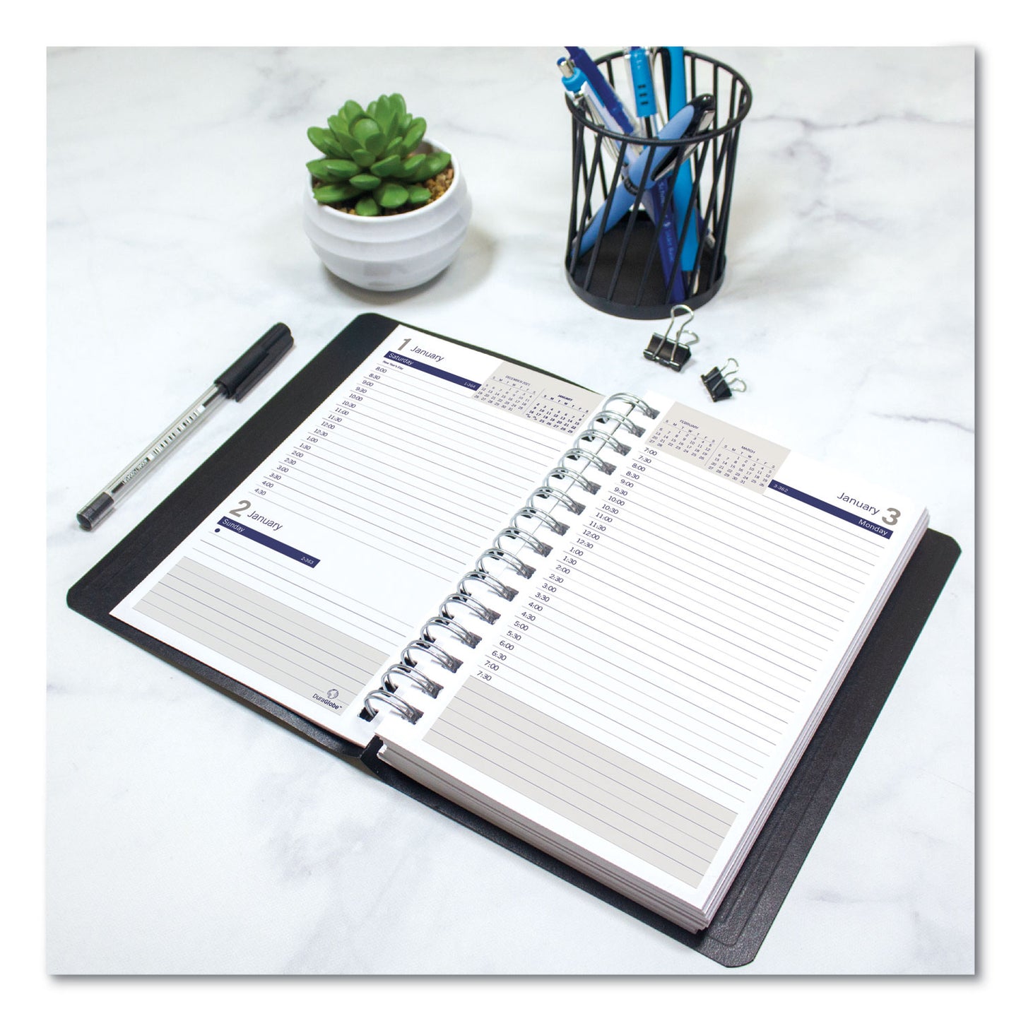 Blueline DuraGlobe Daily Planner, 30-Minute Appointments, 8 x 5, Black Soft Cover, 12-Month (Jan to Dec): 2025 (C21021T)