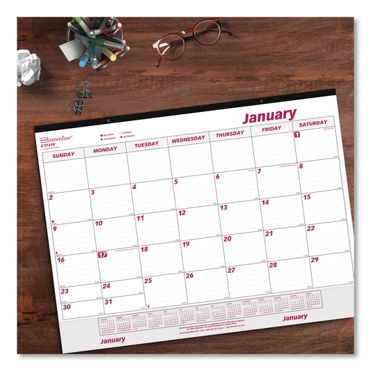 Brownline Monthly Desk Pad Calendar, 22 x 17, White/Burgundy Sheets, Black Binding, Clear Corners, 12-Month (Jan to Dec): 2025 (C1731V)