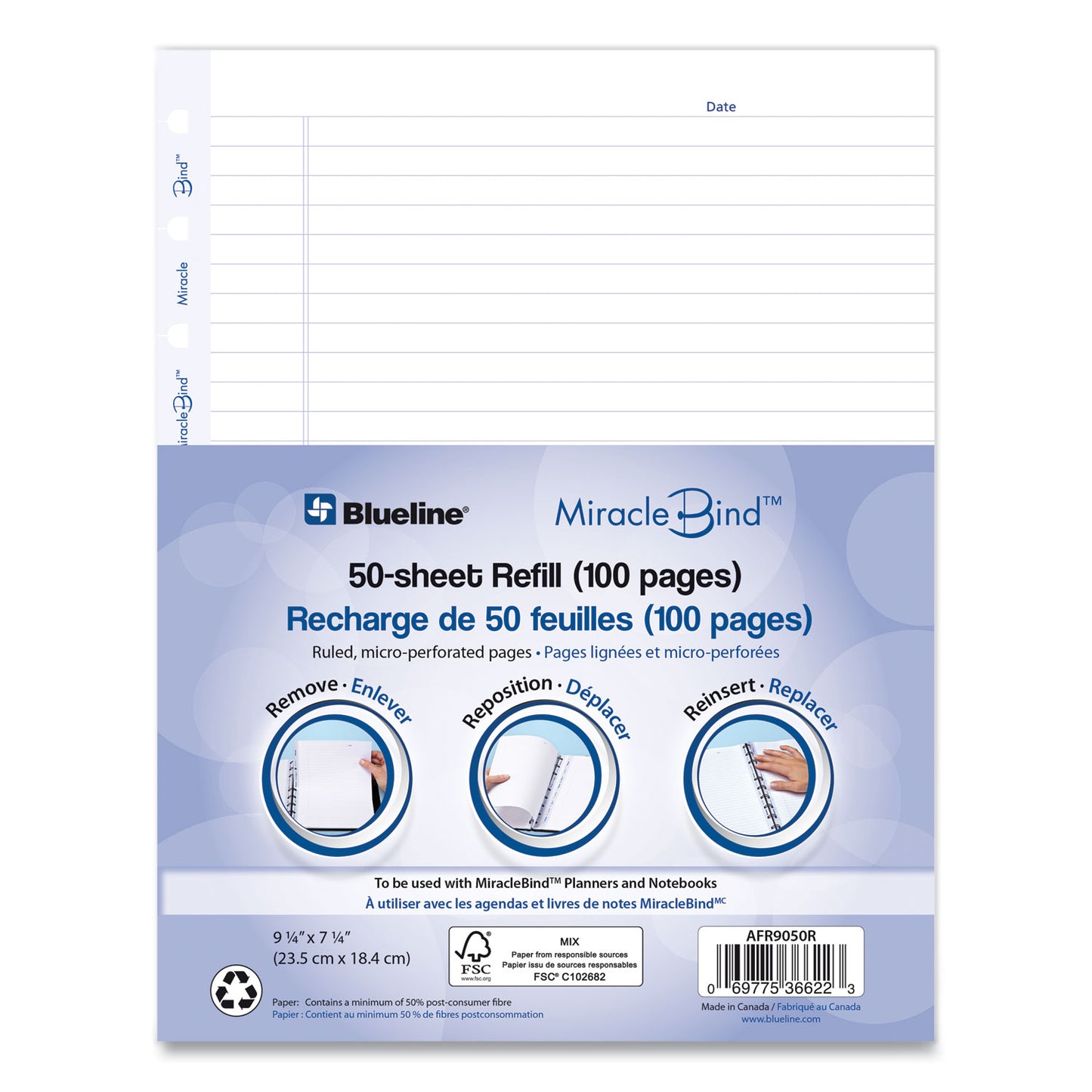 Blueline MiracleBind Ruled Paper Refill Sheets for all MiracleBind Notebooks and Planners, 9.25 x 7.25, White/Blue Sheets, Undated (AFR9050R)