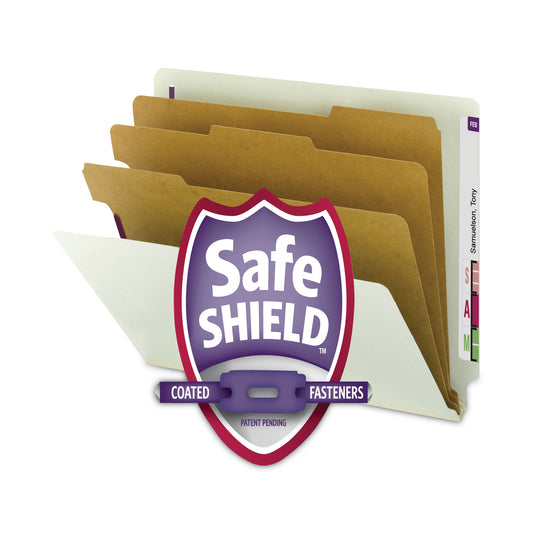 Smead End Tab Pressboard Classification Folders, Eight SafeSHIELD Fasteners, 3" Expansion, 3 Dividers, Legal Size, Gray-Green,10/BX (29820)