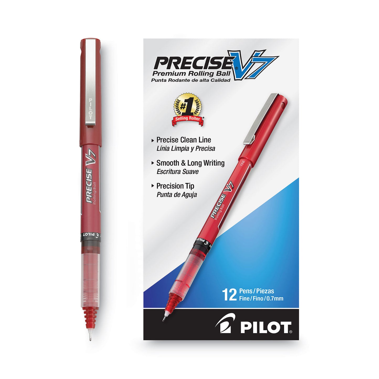 Pilot Precise V7 Roller Ball Pen, Stick, Fine 0.7 mm, Red Ink, Red/Clear Barrel, Dozen (35352)