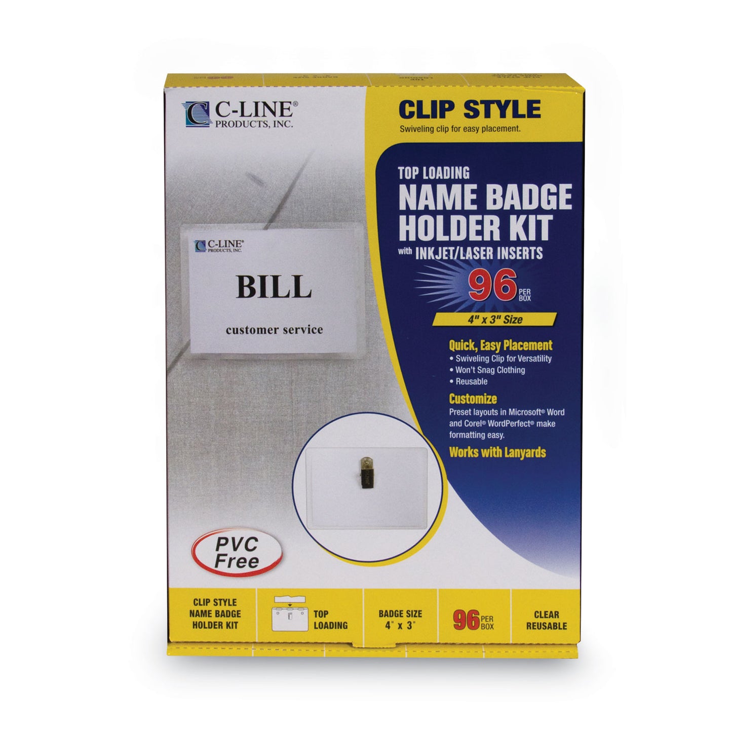 C-Line Name Badge Kits, Top Load, 4 x 3, Clear, Clip Style, 96/Box (95596)