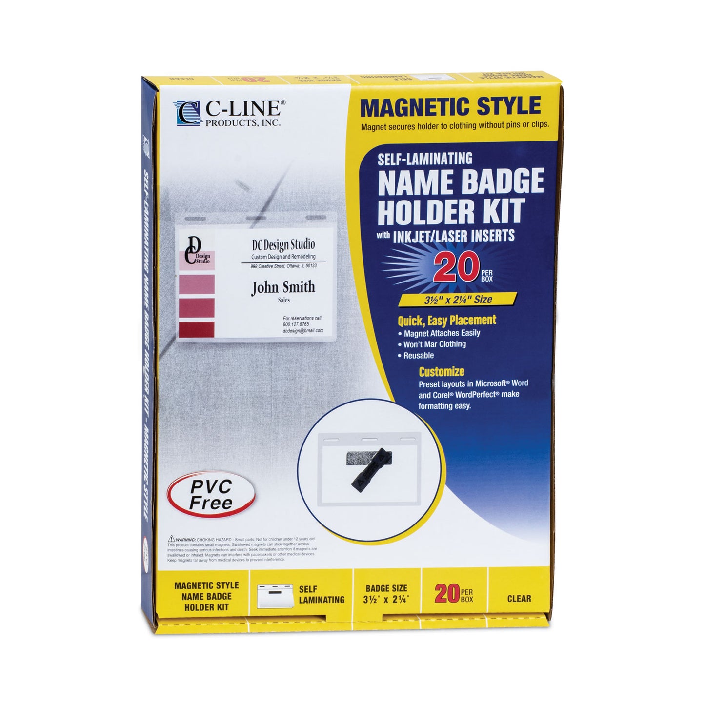 C-Line Self-Laminating Magnetic Style Name Badge Holder Kit, 2" x 3", Clear, 20/Box (92823)