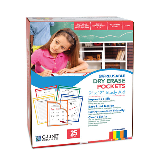C-Line Reusable Dry Erase Pockets, Easy Load, 9 x 12, Assorted Primary Colors, 25/Pack (42620)