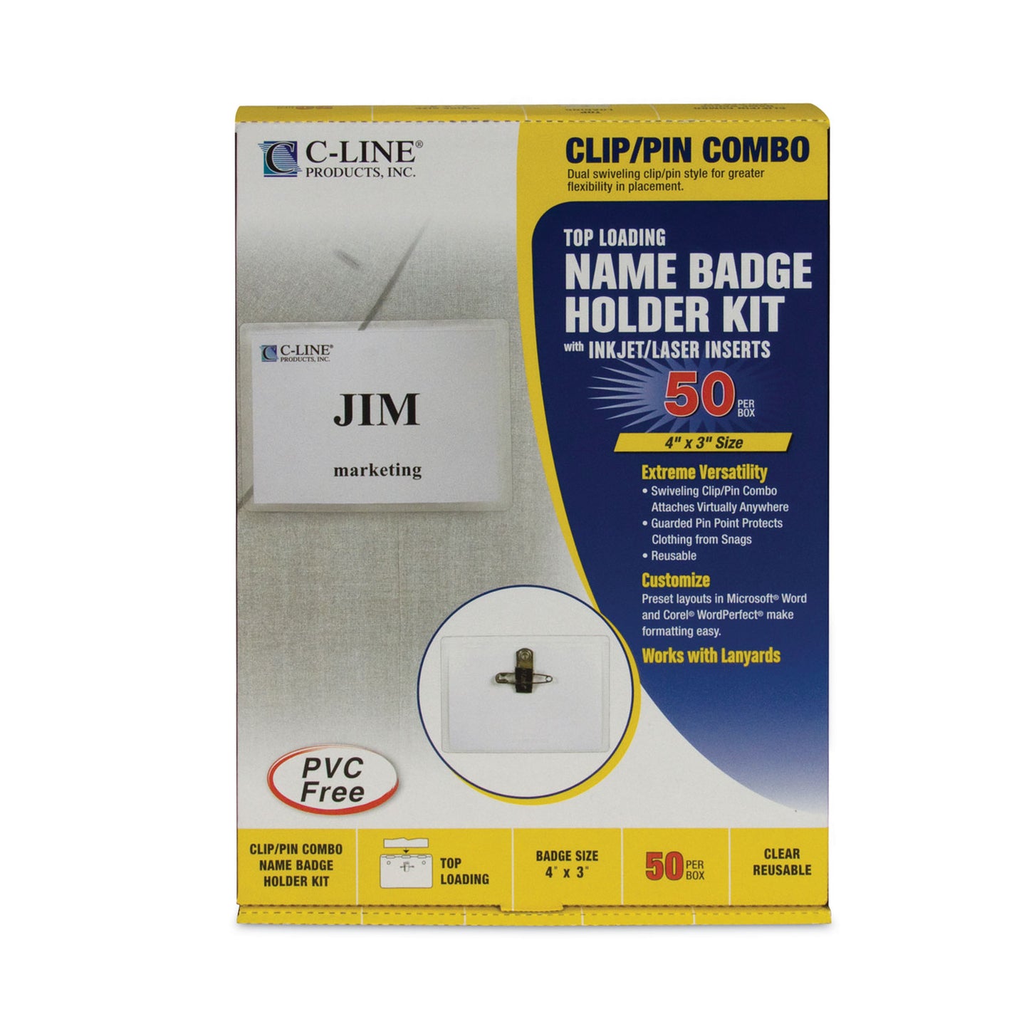 C-Line Name Badge Kits, Top Load, 4 x 3, Clear, Combo Clip/Pin, 50/Box (95743)