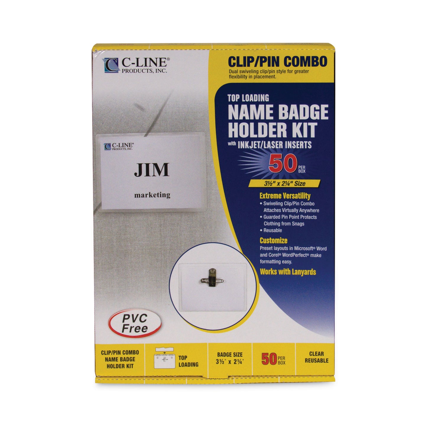 C-Line Name Badge Kits, Top Load, 3 1/2 x 2 1/4, Clear, Combo Clip/Pin, 50/Box (95723)