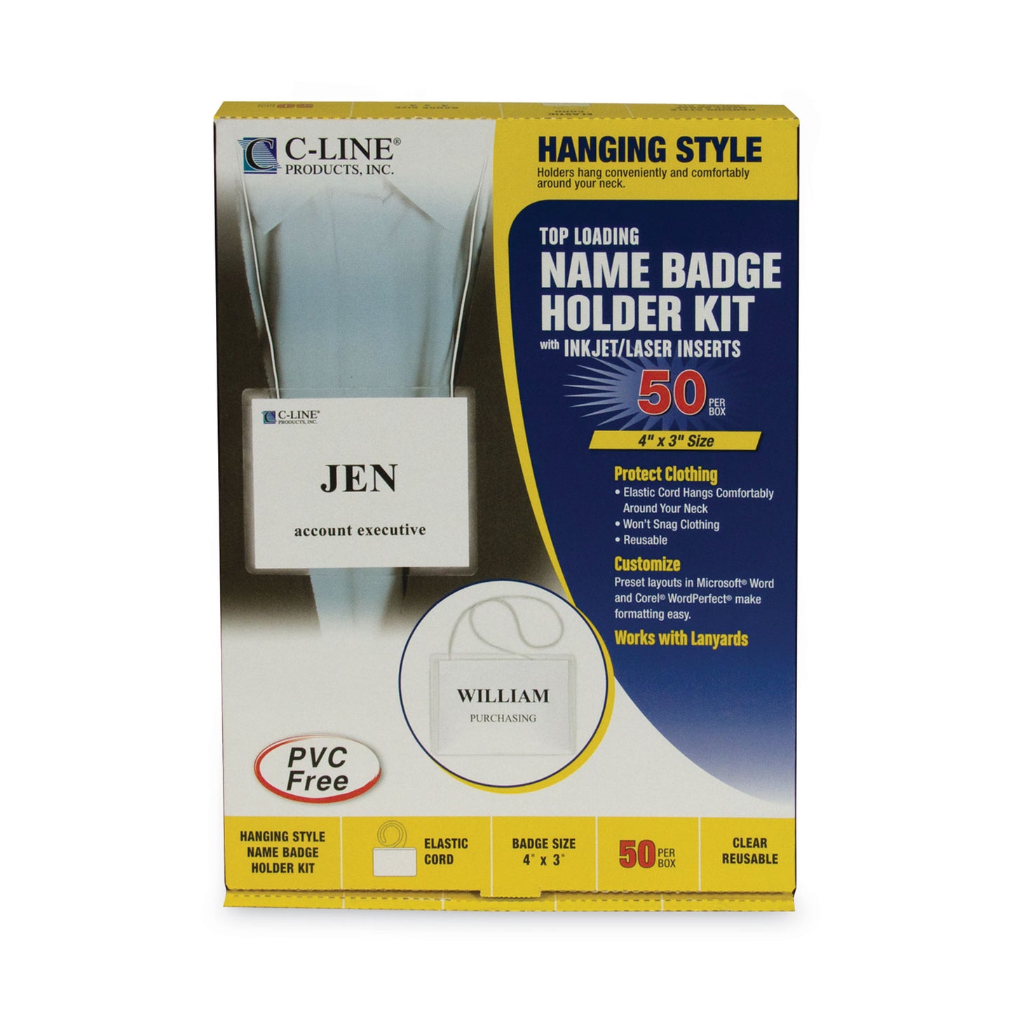 C-Line Name Badge Kits, Top Load, 4 x 3, Clear, Elastic Cord, 50/Box (96043)