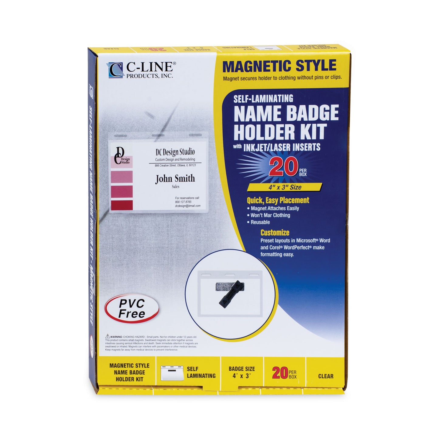 C-Line Self-Laminating Magnetic Style Name Badge Holder Kit, 3" x 4", Clear, 20/Box (92843)