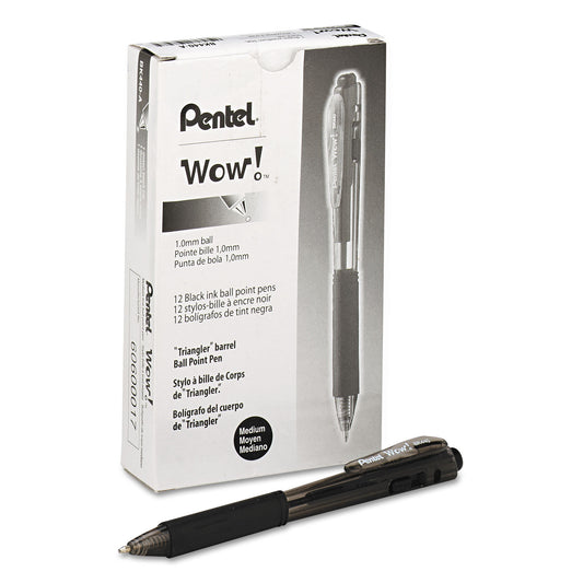 Pentel WOW! Ballpoint Pen, Retractable, Medium 1 mm, Black Ink, Smoke/Black Barrel, Dozen (BK440A)