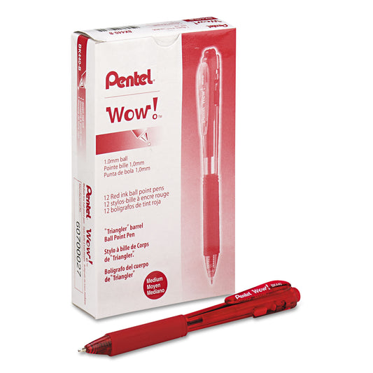 Pentel WOW! Ballpoint Pen, Retractable, Medium 1 mm, Red Ink, Translucent Red/Red Barrel, Dozen (BK440B)