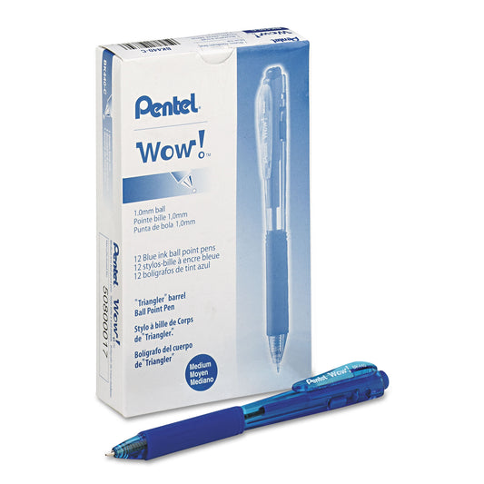 Pentel WOW! Ballpoint Pen, Retractable, Medium 1 mm, Blue Ink, Translucent Blue/Blue Barrel, Dozen (BK440C)