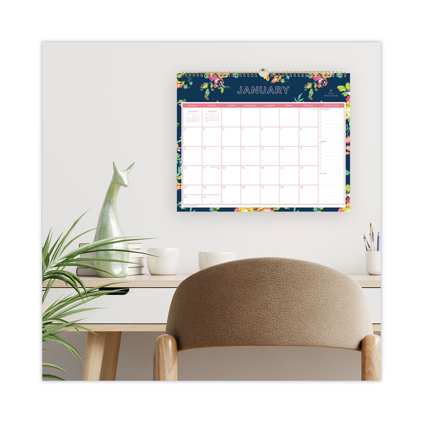 Blue Sky Day Designer Peyton Wall Calendar, Floral Artwork, 15 x 12, White/Navy Sheets, 12-Month (Jan to Dec): 2025 (103627)