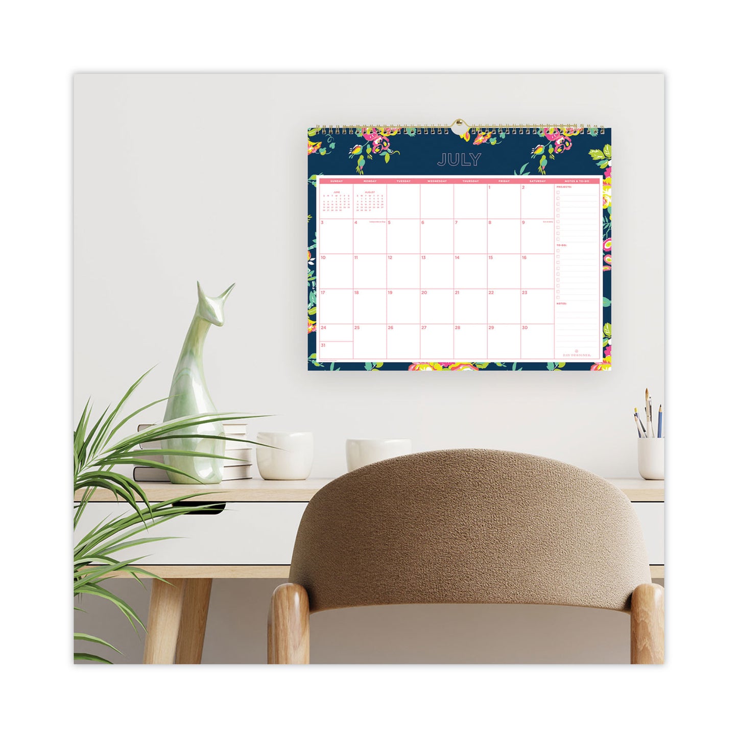 Blue Sky Day Designer Peyton Academic Wall Calendar, Floral Artwork, 15 x 12, White/Navy Sheets, 12-Month (July to June): 2024 to 2025 (107934)