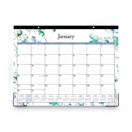 Blue Sky Lindley Desk Pad, Floral Artwork, 22 x 17, White/Blue/Green Sheets, Black Binding, Clear Corners, 12-Month (Jan to Dec): 2025 (100018)