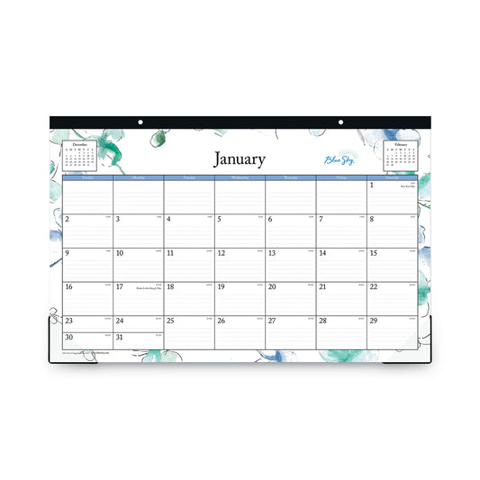 Blue Sky Lindley Desk Pad, Floral Artwork, 17 x 11, White/Blue/Green Sheets, Black Binding, Clear Corners, 12-Month (Jan to Dec): 2025 (100024)