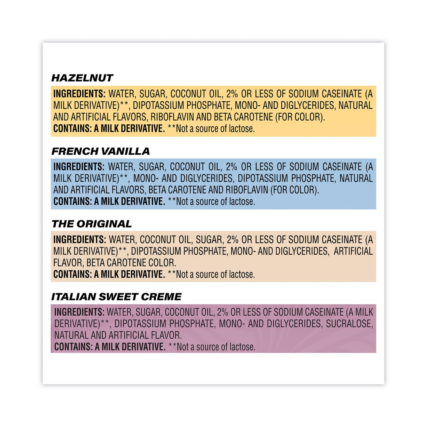 Coffee-mate Liquid Coffee Creamer, French Vanilla/Hazelnut/Italian Sweet Creme/Original, 0.37 oz, 200/Carton (28300012)