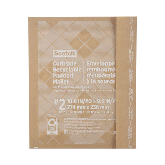 Scotch Curbside Recyclable Padded Mailer, #2, Bubble Cushion, Self-Adhesive Closure, 11.25 x 12, Natural Kraft, 100/Carton (CR21)
