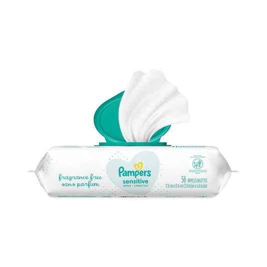 Pampers Sensitive Baby Wipes, 1-Ply, 6.8 x 7, Unscented, White, 56/Pack (87076EA)